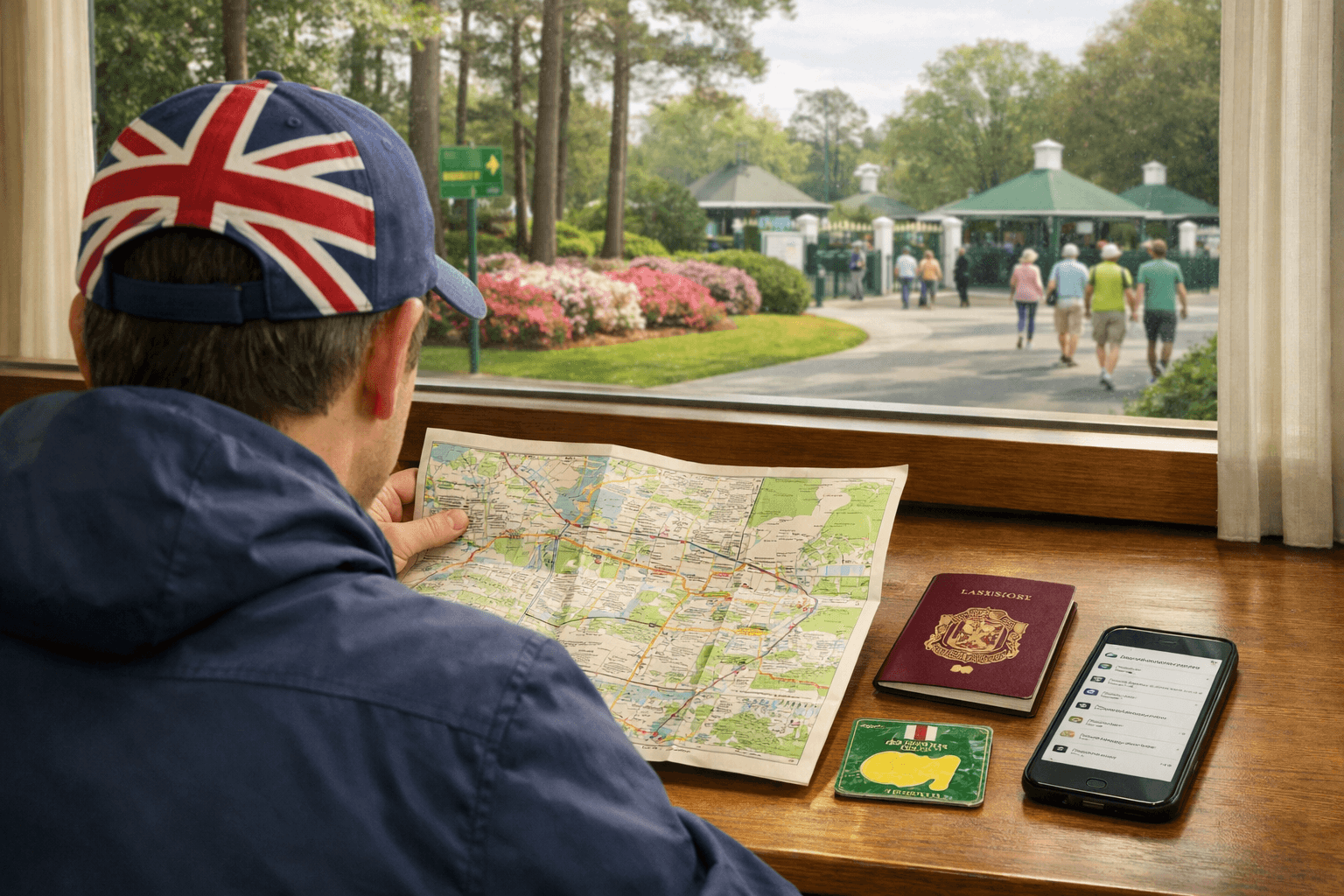 UK visitor reviews an Augusta map and travel documents at a hotel desk, with golf augusta national entrance beyond the window.