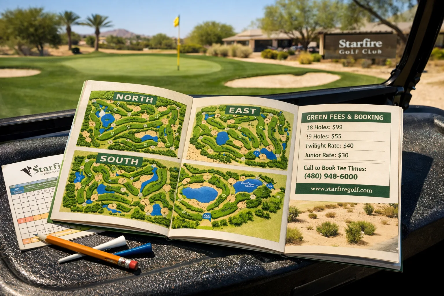 Starfire Golf Club: Course Guide, Fees, and Layout 1 Starfire Golf Club course guide and scorecard on a golf cart dashboard, overlooking a sunny Scottsdale course with fairways and bunkers.