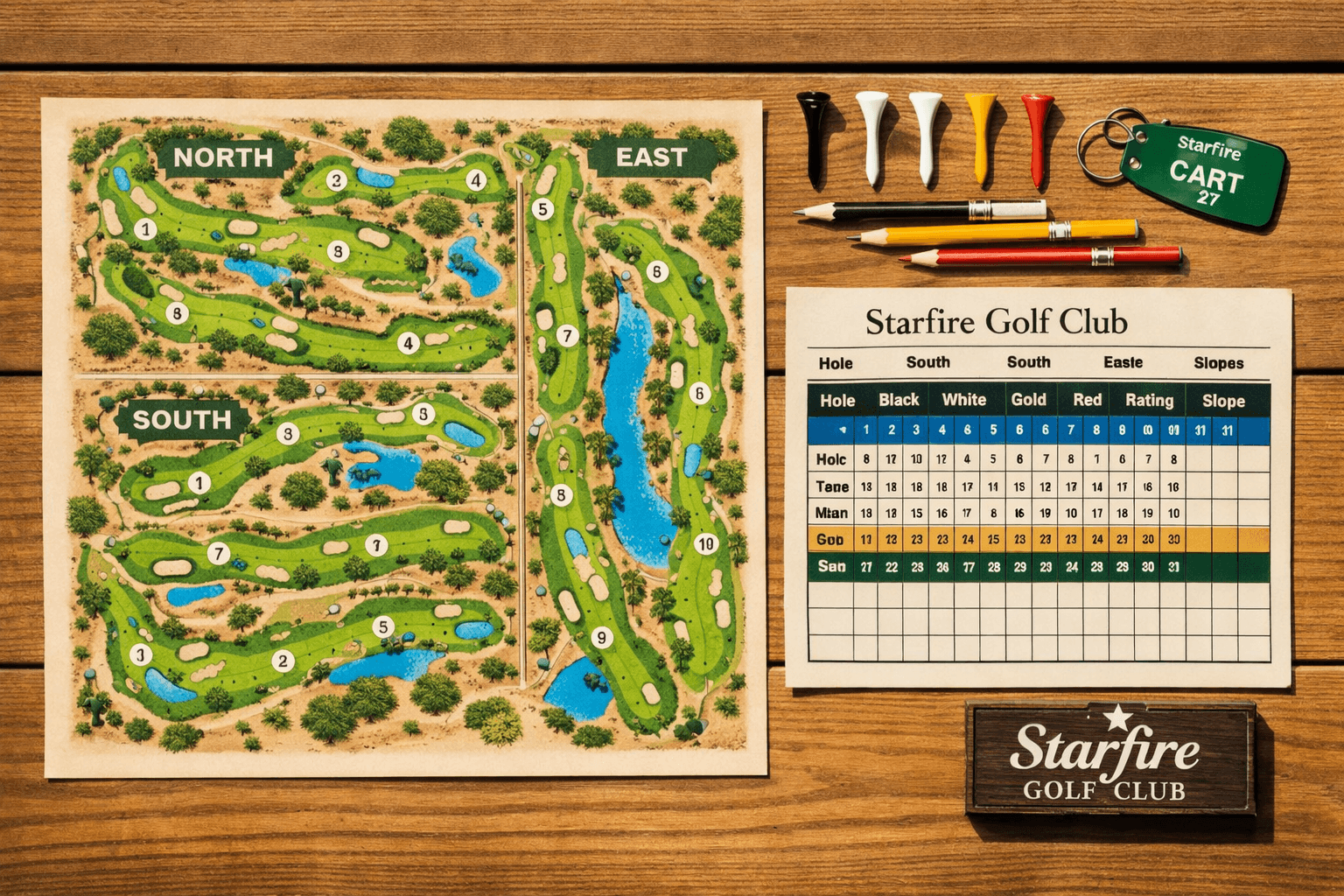 Overhead flat lay of a readable Starfire Golf Club course map, scorecard, tee markers, pencils, and key tag on a sunny wood table.