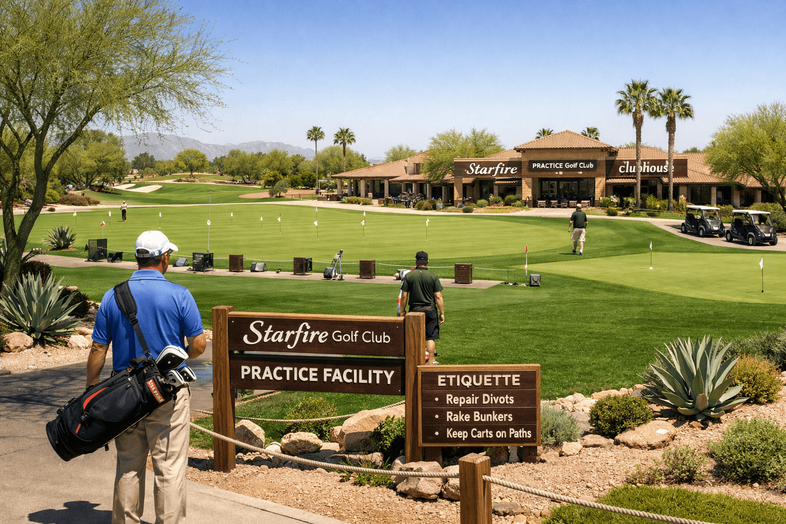 Starfire Golf Club practice facility with golfers, putting green, clubhouse, desert landscaping, and golf carts in bright sunlight.