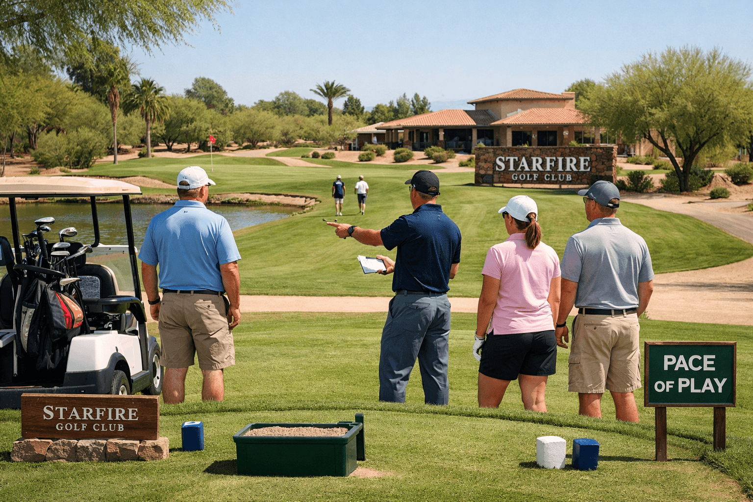 Golfers prepare to tee off at starfire golf club, with a cart, desert fairway, bunkers, palms, and clubhouse.