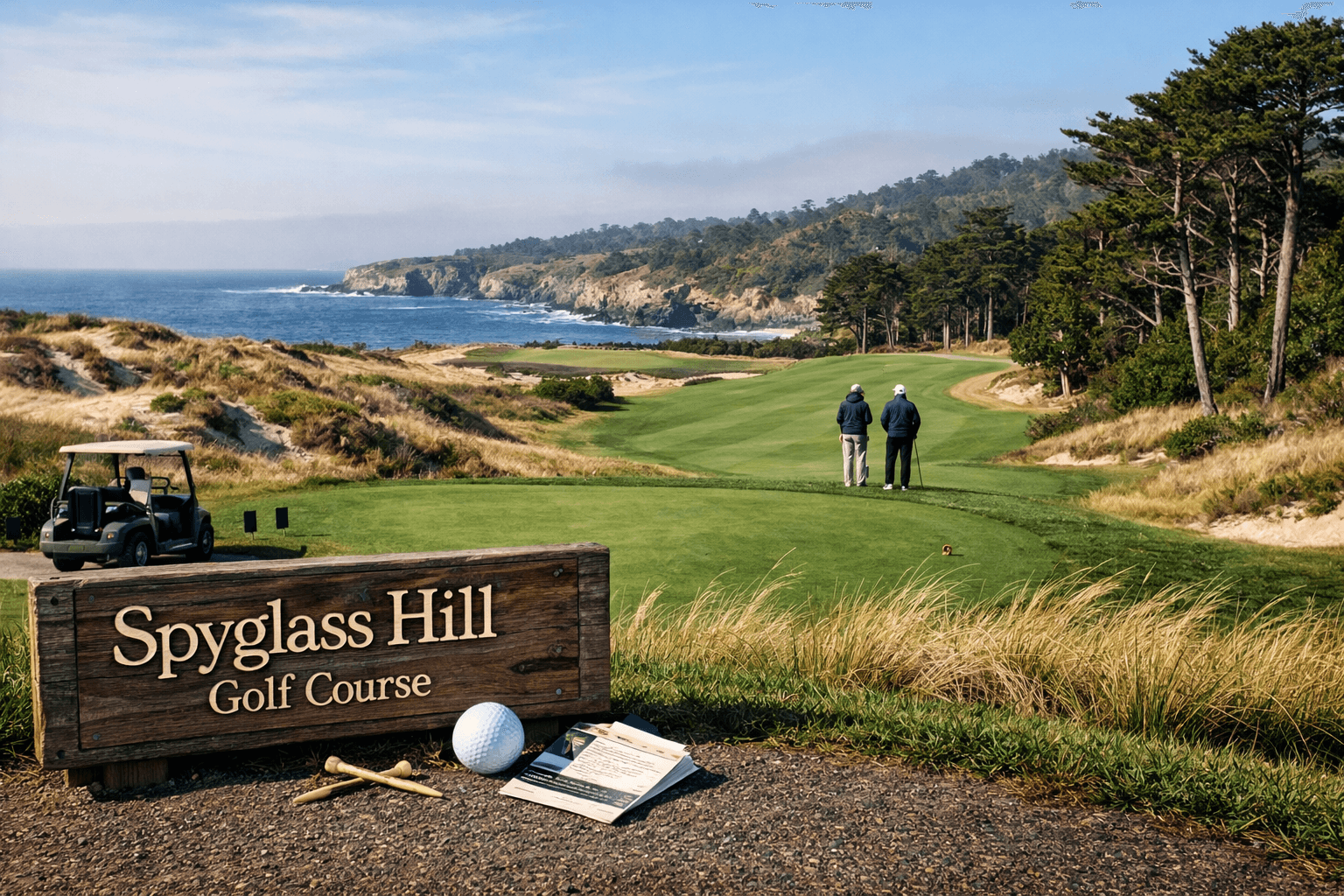 Spyglass pebble beach golf course sign, fairway, golfers, dunes, forest, and Pacific cliffs at Pebble Beach.