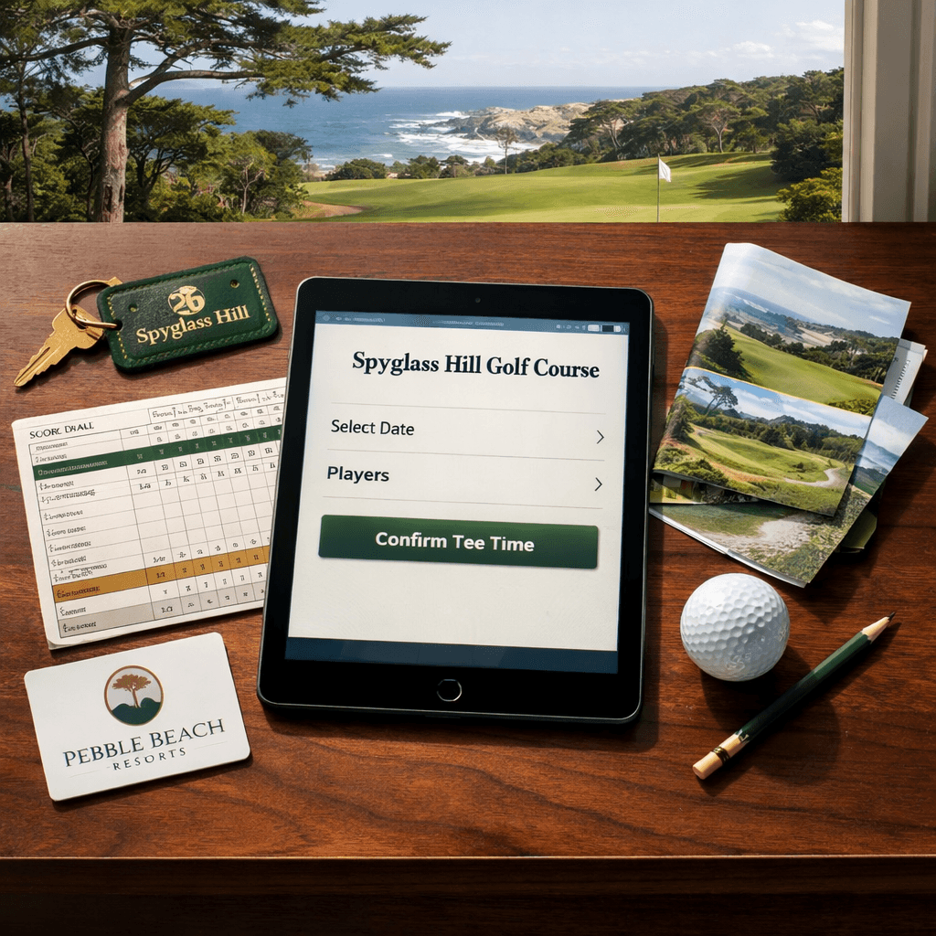 Overhead Spyglass Hill booking setup with tablet, scorecard, golf props, and Pebble Beach coastal resort view; spyglass pebble beach