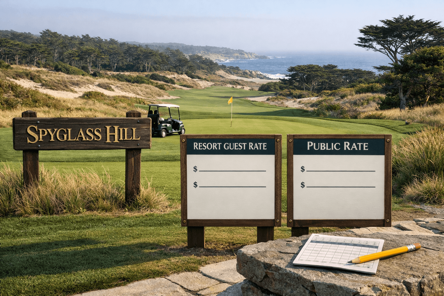 Spyglass Hill rate signs, golf cart, green, and coastal dunes at spyglass pebble beach under hazy daylight.