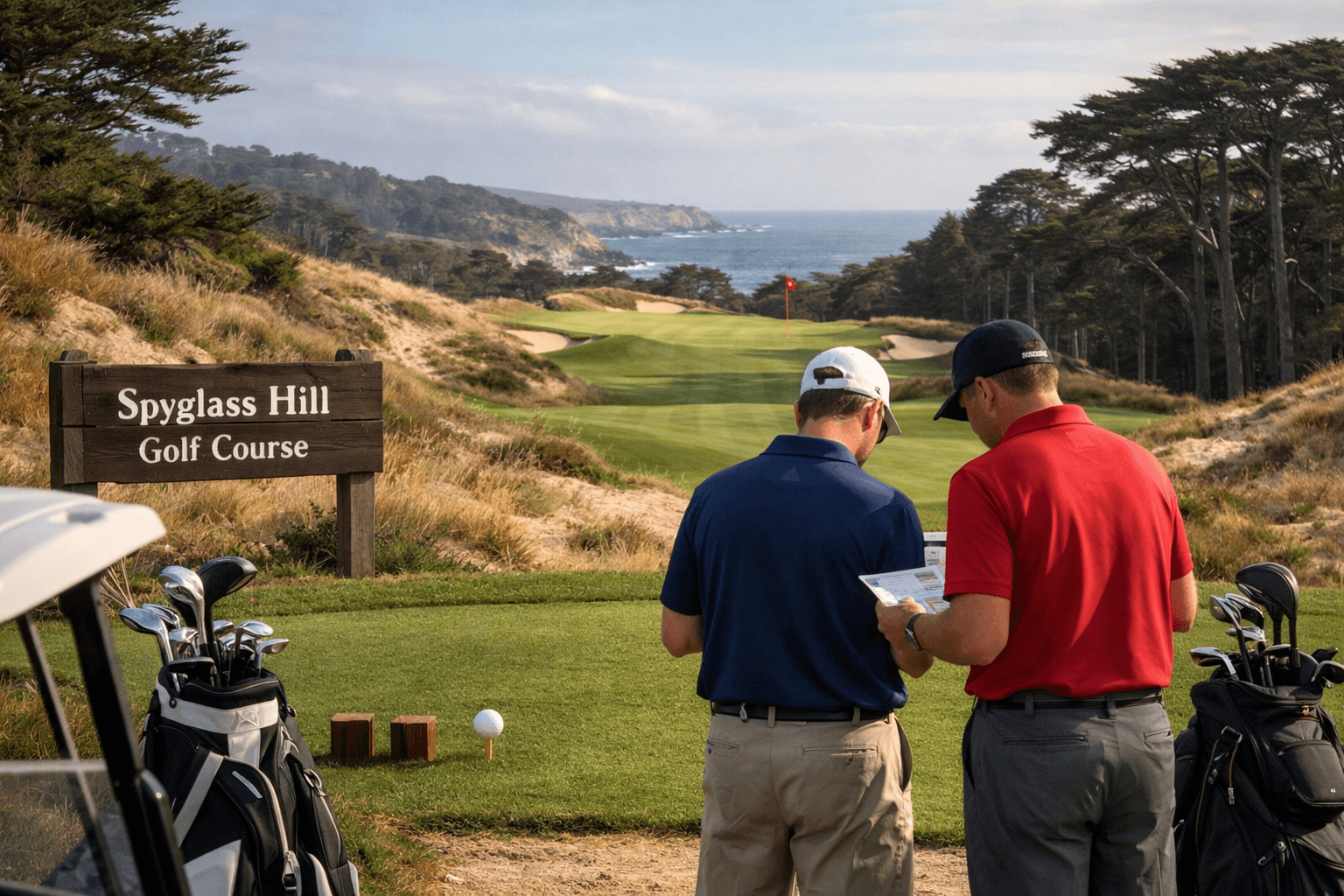 Two golfers study a scorecard beside bags at Spyglass Hill, facing a coastal fairway at spyglass pebble beach.