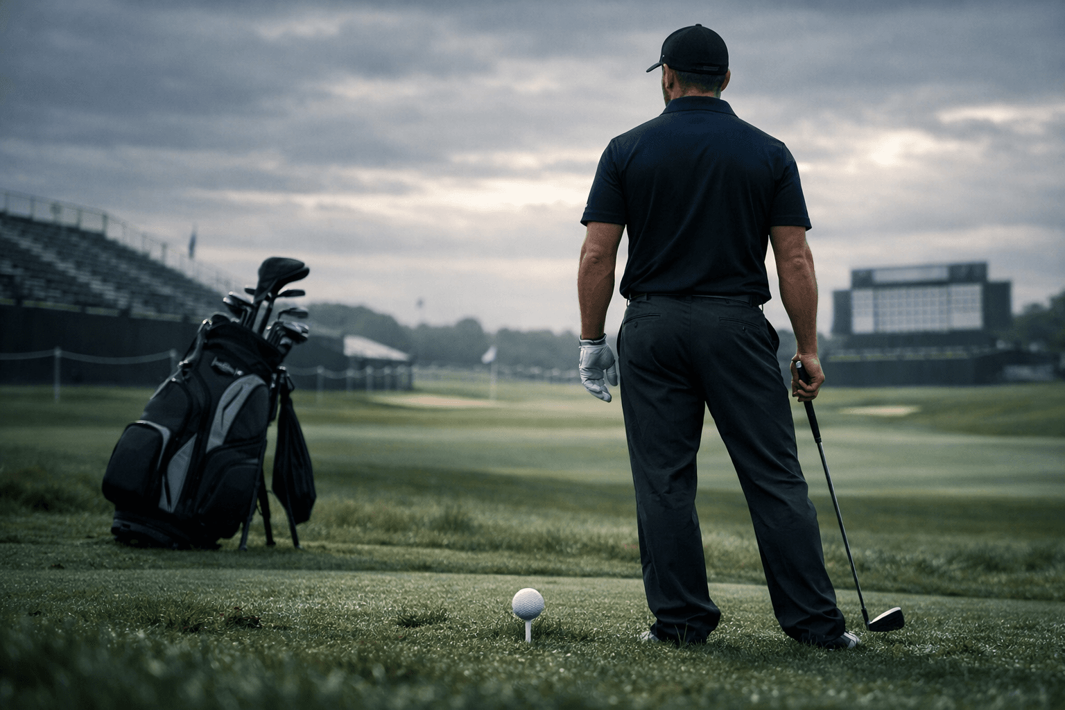anthony kim pro golfer seen from behind on a dew-covered championship fairway with golf bag and ball on tee