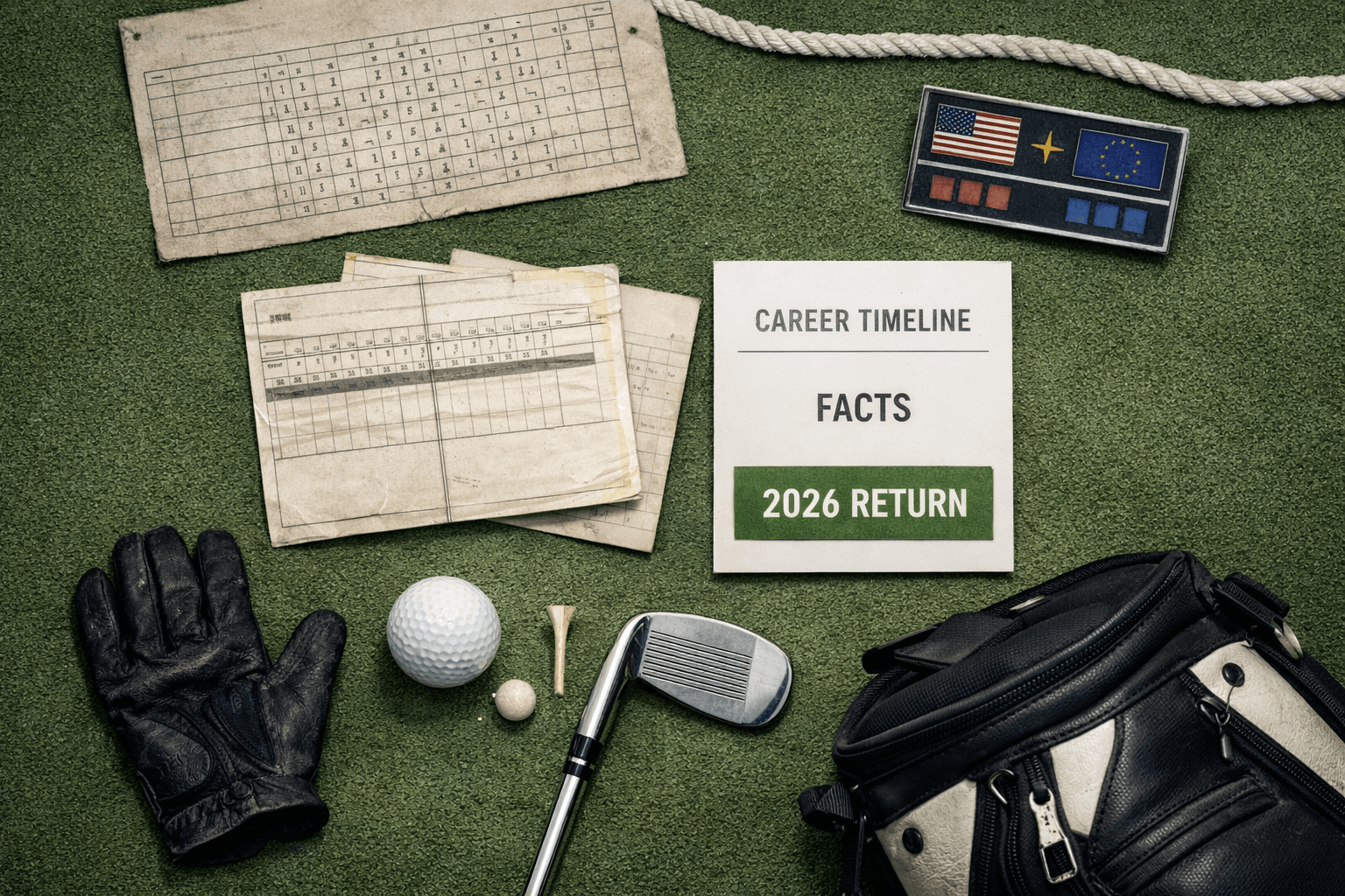 Overhead golf still life for anthony kim pro golfer: scorecards, fact card, glove, club, ball, tee, and golf bag.