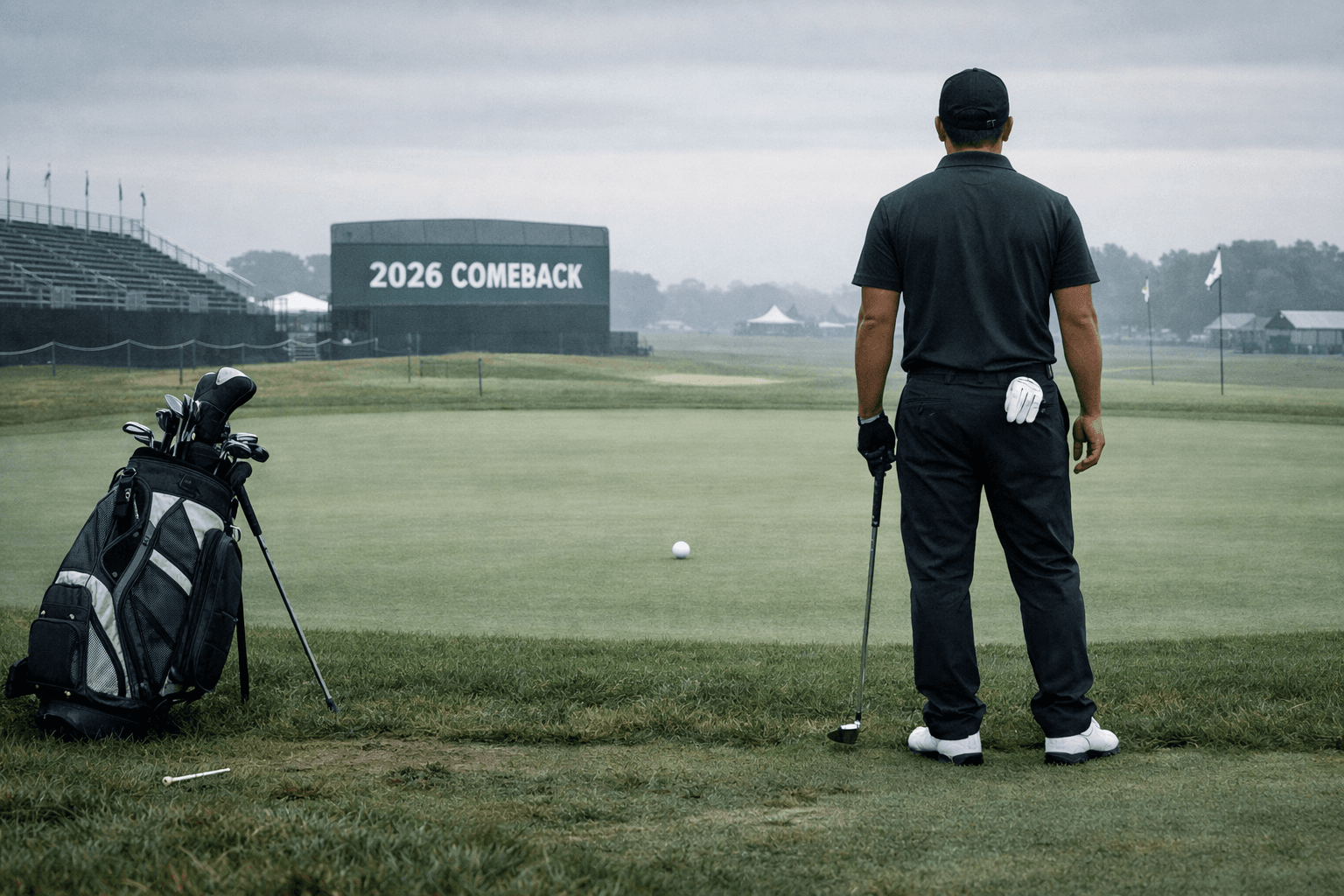 anthony kim pro golfer seen from behind on a misty golf course, facing a green and “2026 COMEBACK” leaderboard