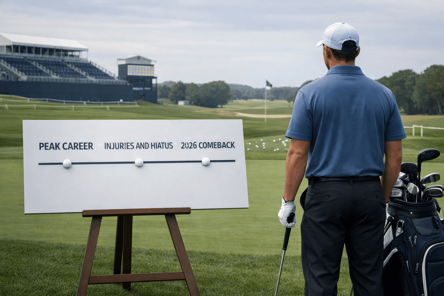Anthony Kim pro golfer beside his bag and timeline board at a tournament putting green, facing the fairway.