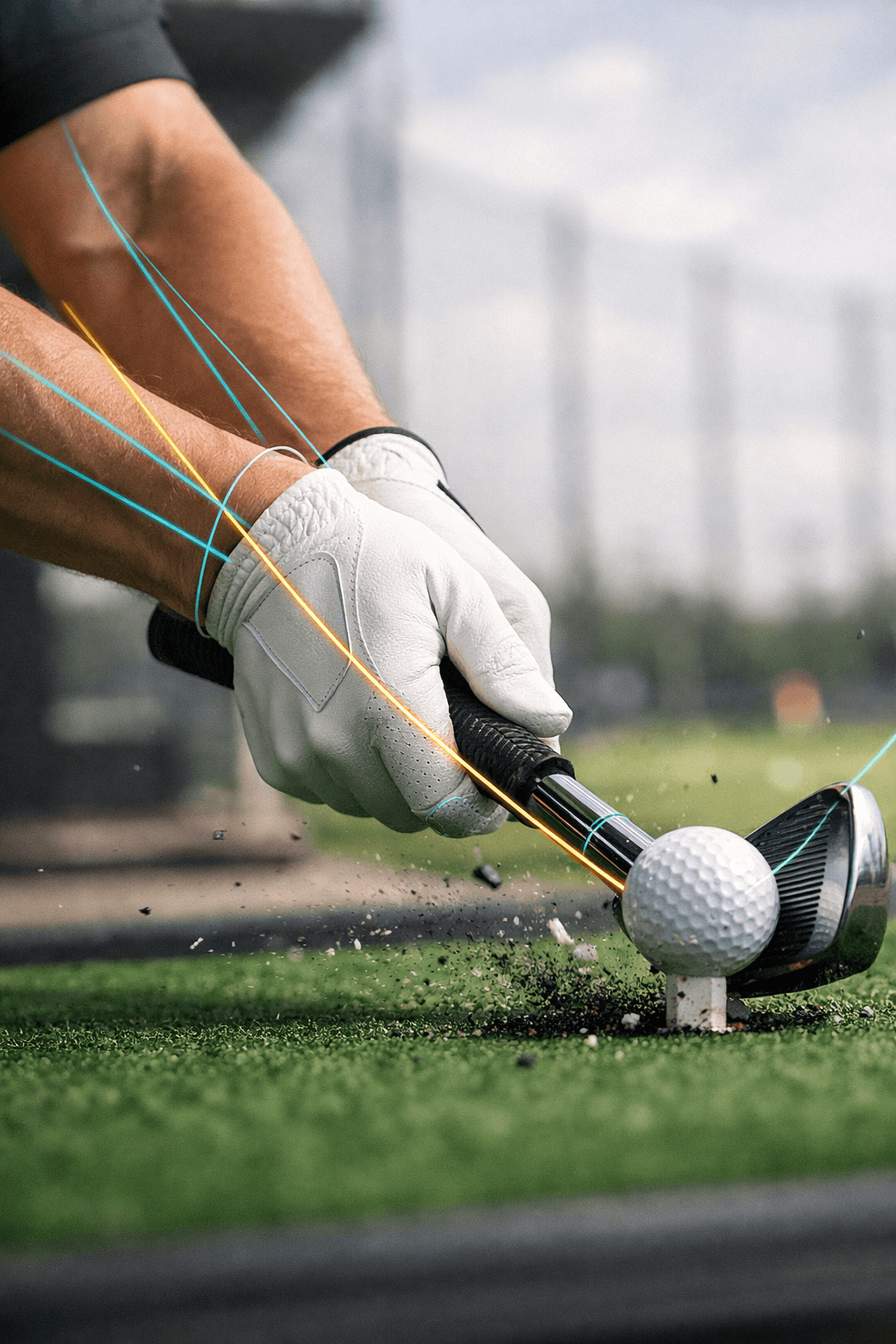 Close-up of golferu2019s hands and tucked trail elbow striking a teed ball, with golf elbows alignment guides on a green mat.