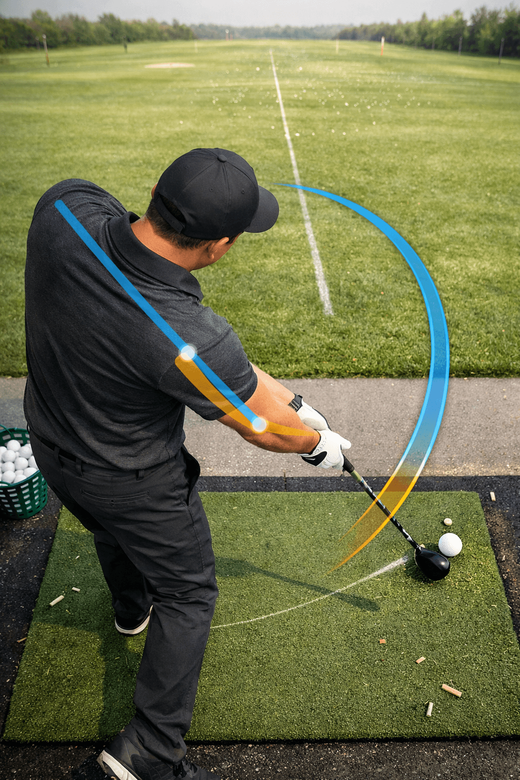 Overhead golfer at impact with relaxed golf elbows, club-path overlays, tee, balls, and blurred driving range beyond.