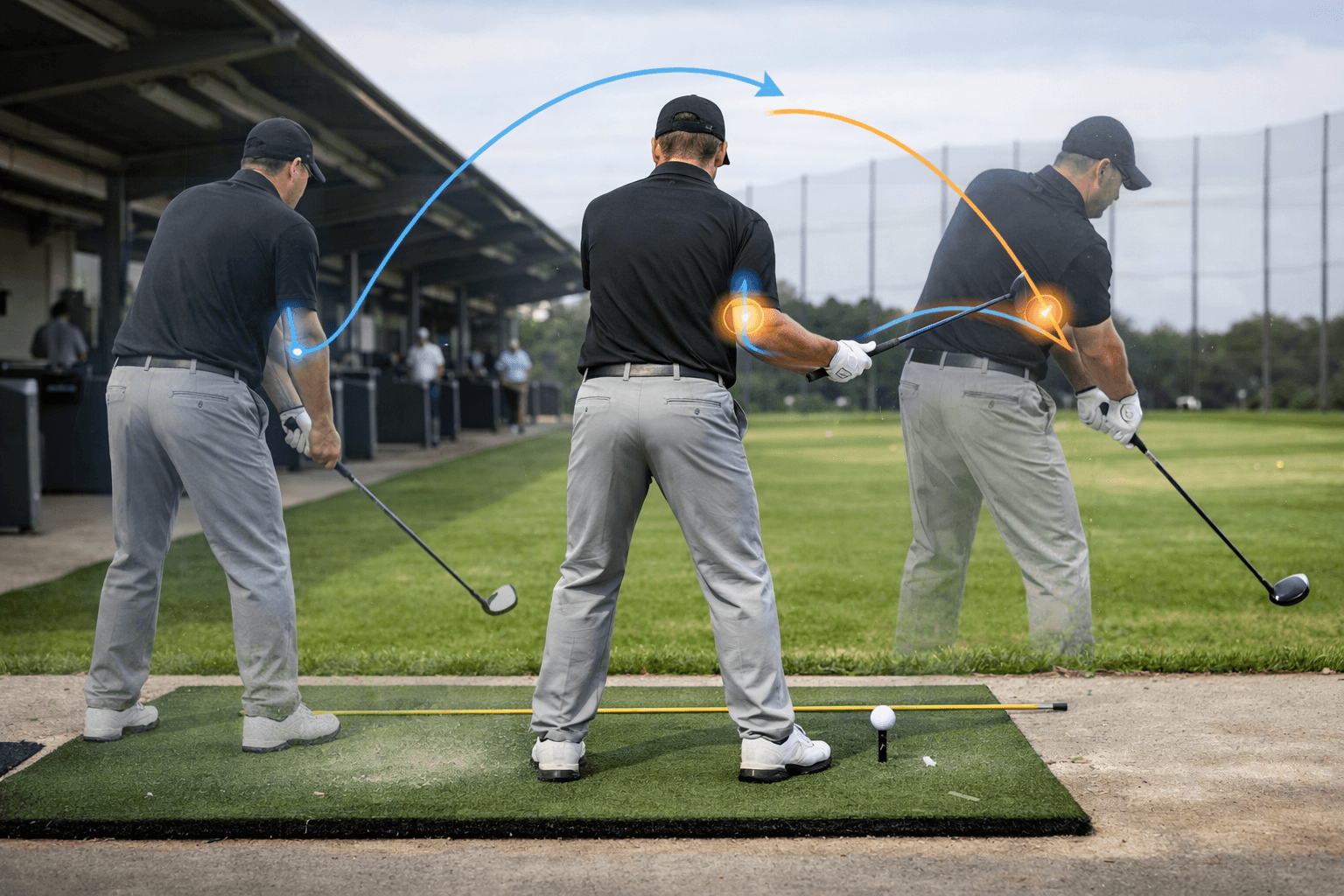 Golfer on a driving range demonstrates swing sequence with blue overlays highlighting golf elbows, club path, and impact position.