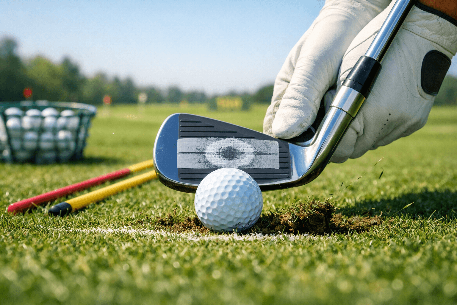 Gloved hands strike a golf ball with a taped iron at a sunny golf practice range, with alignment sticks and targets beyond.