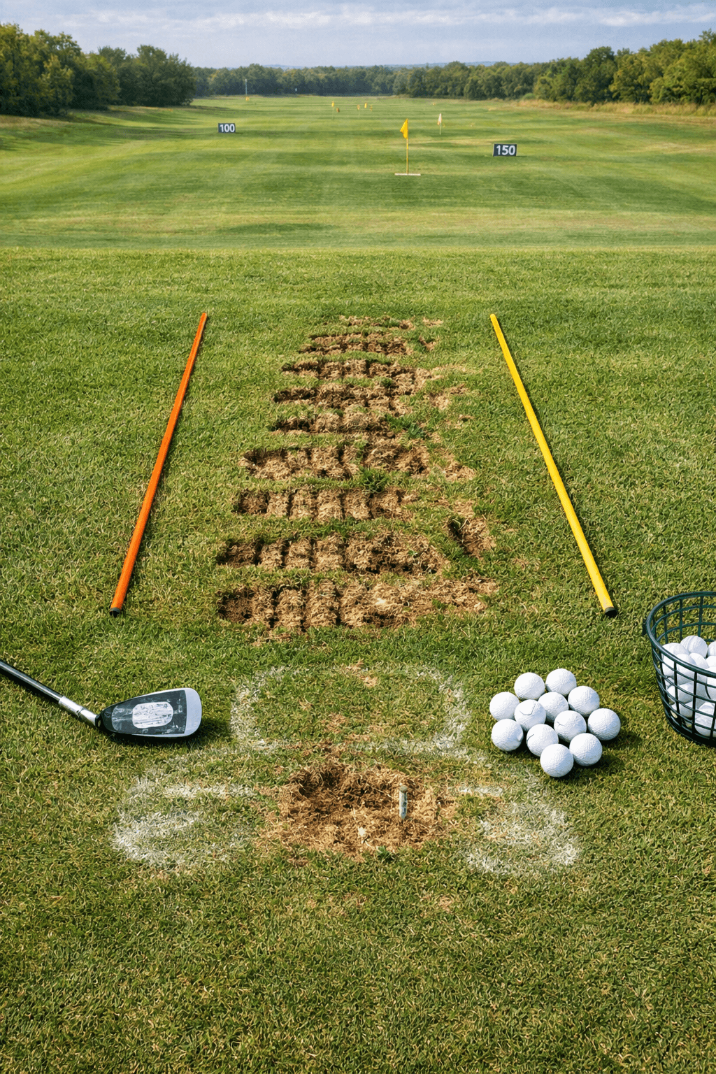 Overhead golf practice range with aligned divots, guide sticks, golf club, balls, basket, and distant targets.