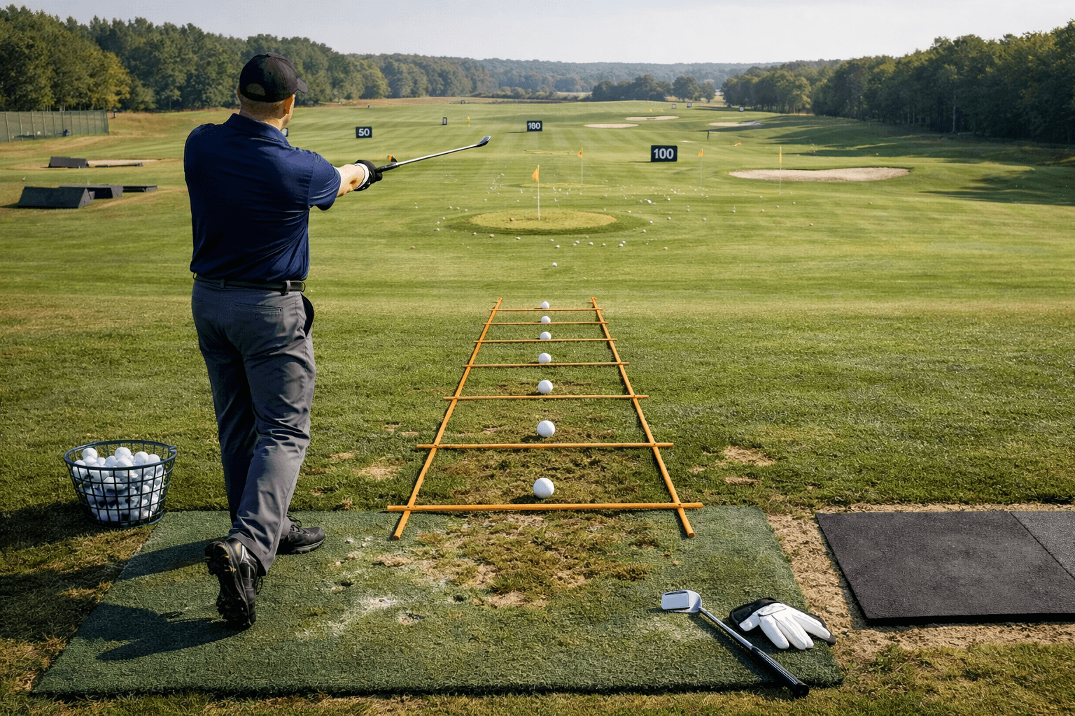 Golfer practicing a ladder drill at a golf practice range, with alignment sticks, spaced balls, targets, and divots.