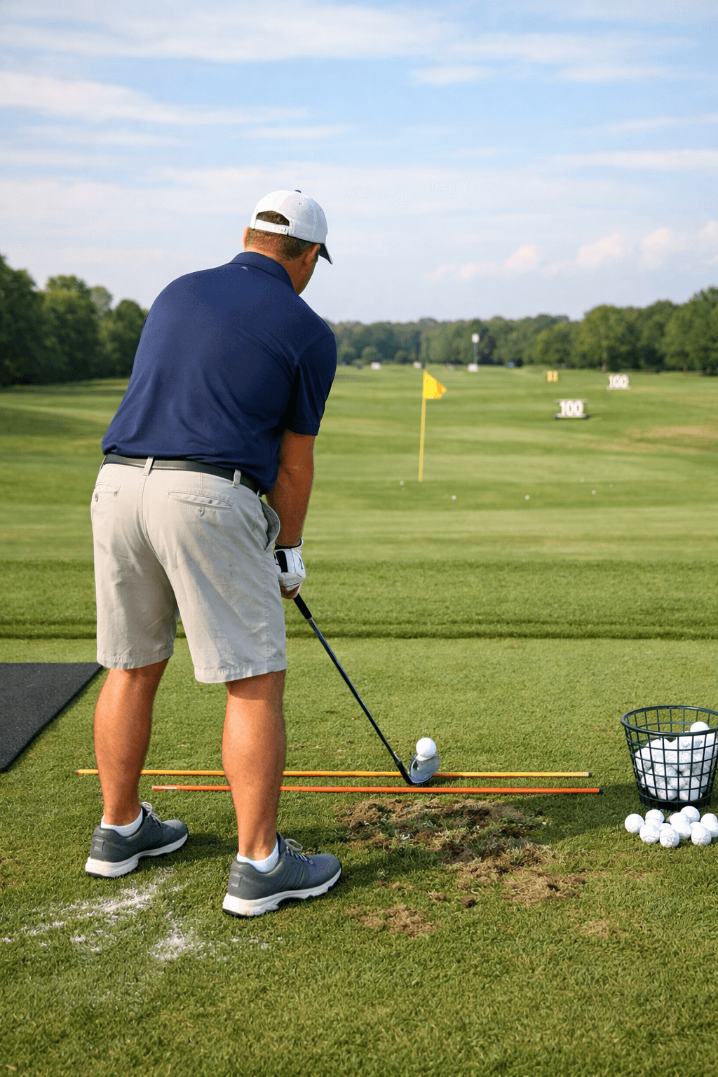 Golfer addressing a ball with alignment sticks aimed at a flag on a golf practice range.