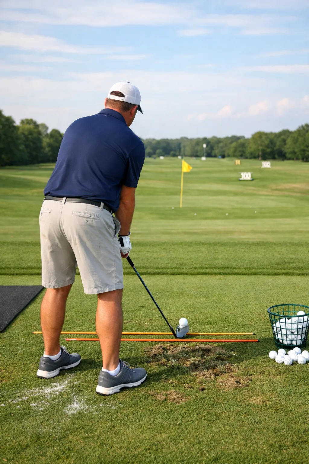 Golfer addressing a ball with alignment sticks aimed at a flag on a golf practice range.