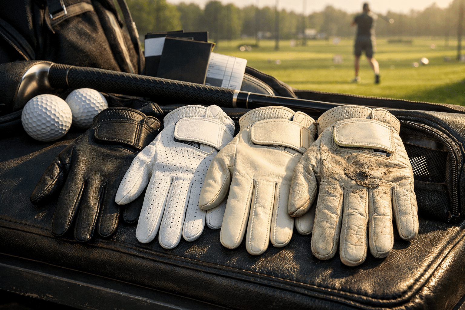 Four left-hand golf gloves compare synthetic to worn cabretta leather on a golf bag bench, highlighting best golf gloves textures and stitching.