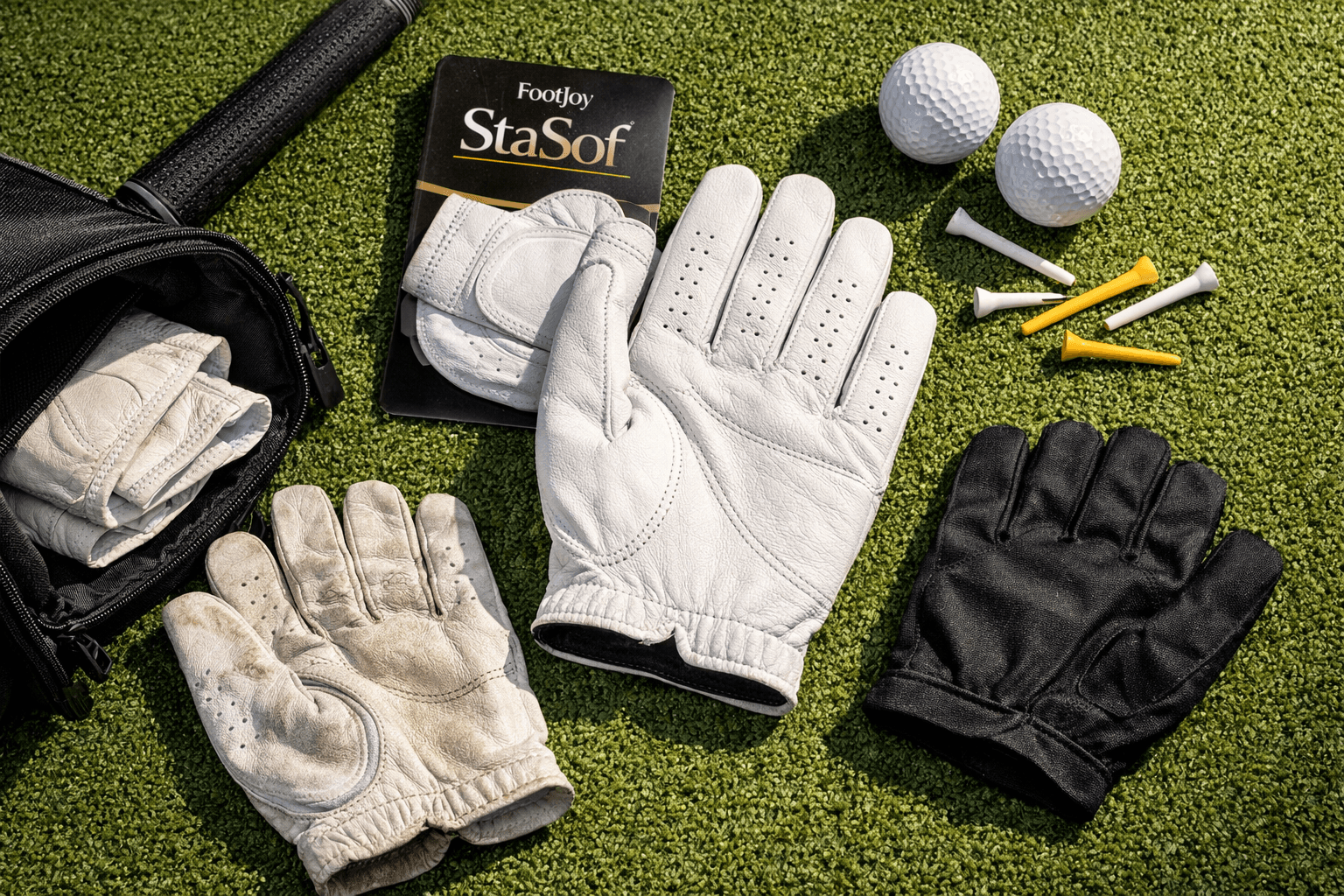 Best golf gloves review: white FootJoy StaSof glove beside older and synthetic gloves, golf balls, tees, and driver on sunny turf.