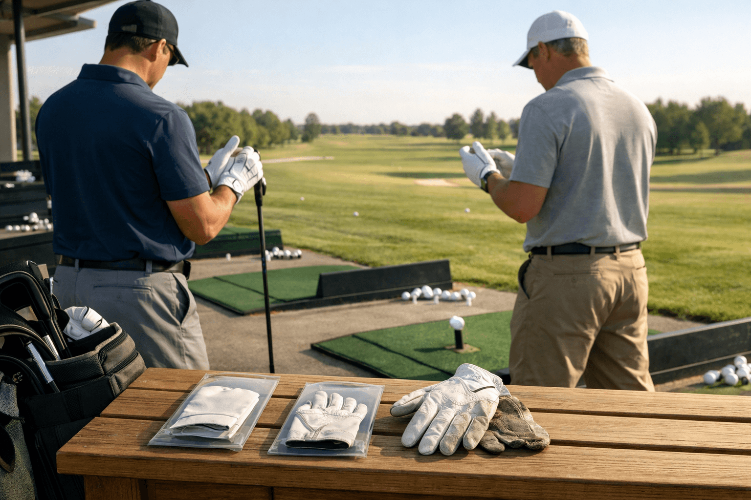 Golfers compare leather and synthetic gloves at a sunny driving range, with best golf gloves displayed on a bench.