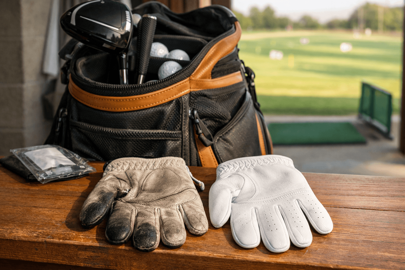 Worn and new golf gloves beside an open bag at a sunny driving range, highlighting best golf gloves for maintenance.