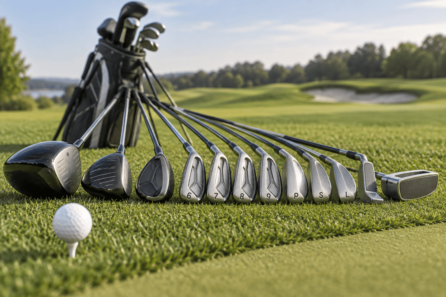 Golf sticks types arranged on fairway grass, from driver and irons to wedges and putters, with a ball and golf bag nearby.