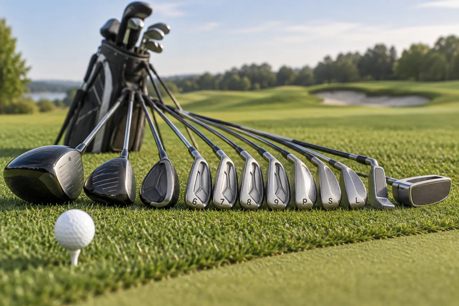 Golf sticks types arranged on fairway grass, from driver and irons to wedges and putters, with a ball and golf bag nearby.