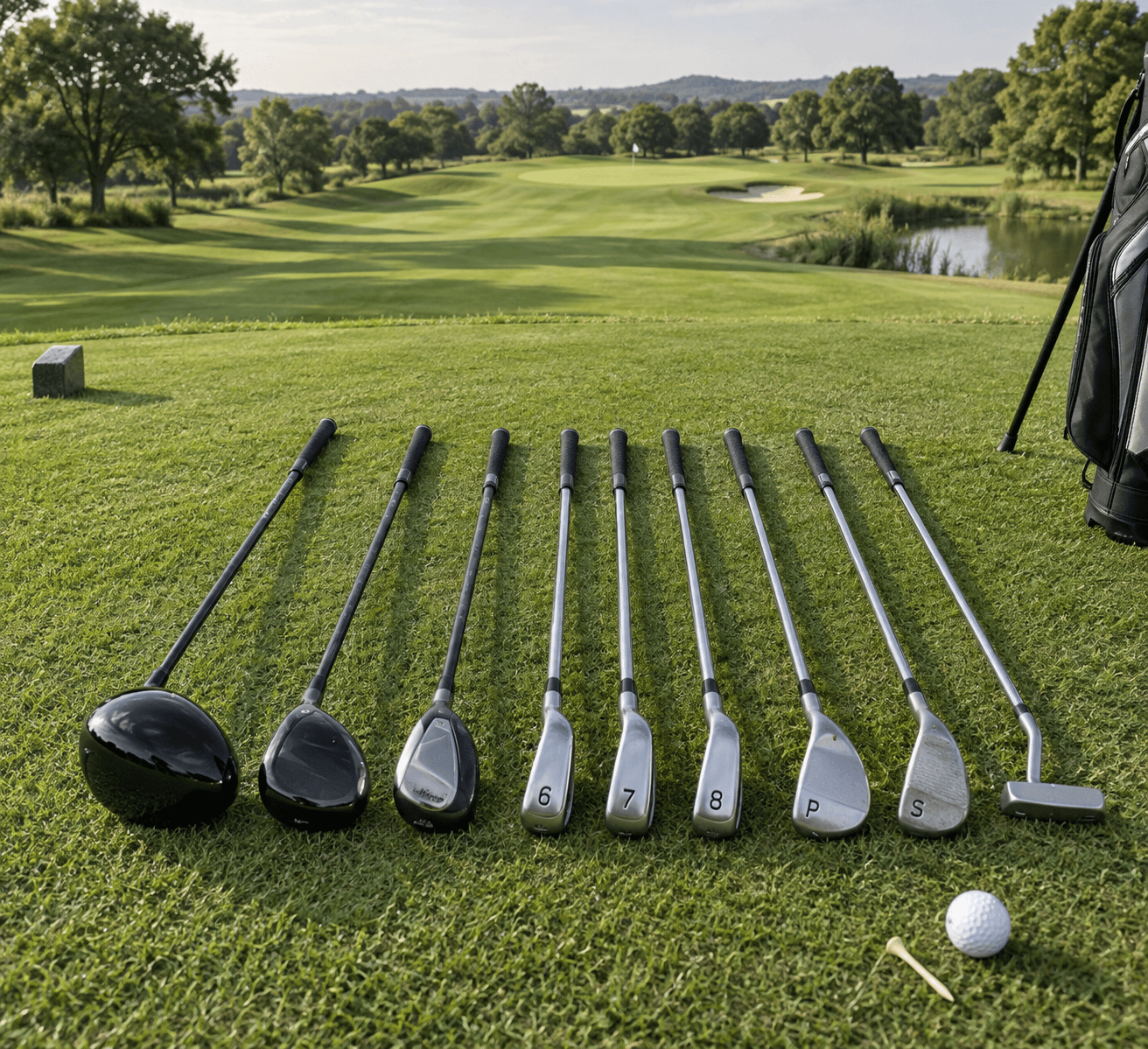 Golf sticks types arranged on a tidy practice tee, with numbered clubs, a ball, wooden tee, and golf bag on green grass.