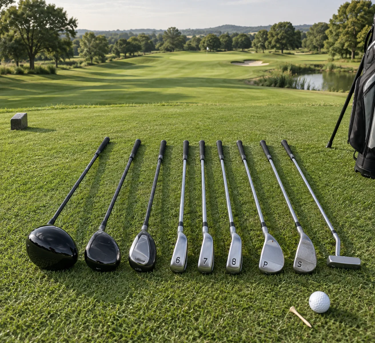 Golf sticks types arranged on a tidy practice tee, with numbered clubs, a ball, wooden tee, and golf bag on green grass.