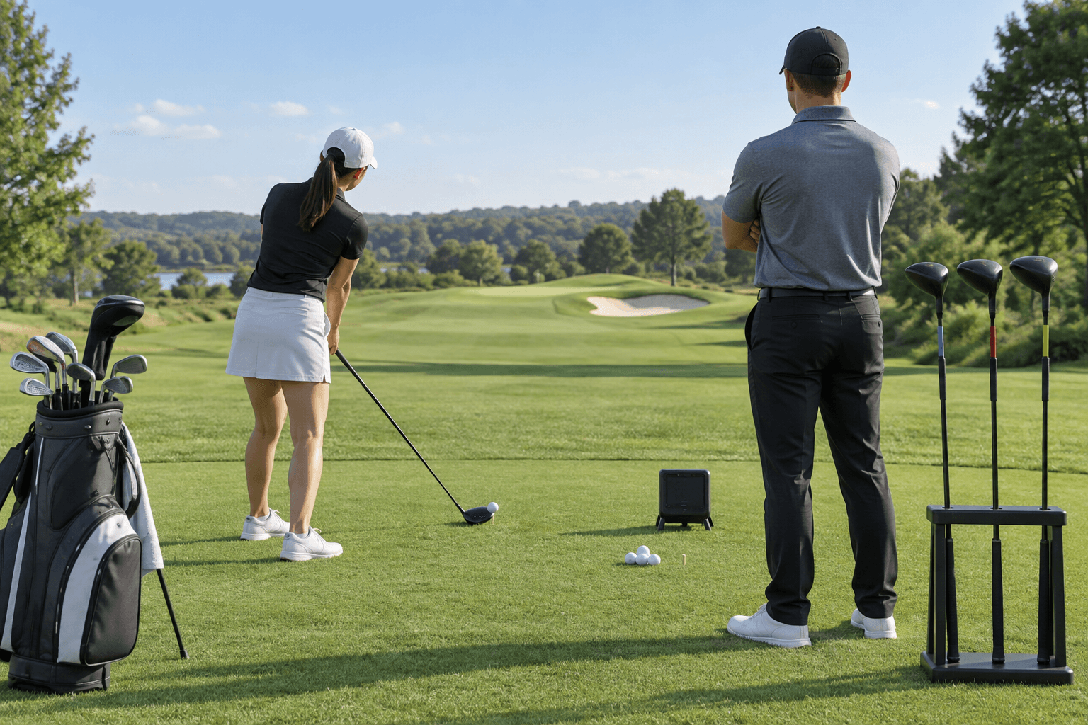 Beginner golfer and fitter compare golf sticks types beside a launch monitor, fitting rack, and compact club bag on a sunny course tee.
