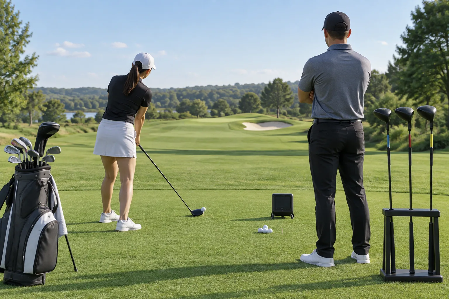 Beginner golfer and fitter compare golf sticks types beside a launch monitor, fitting rack, and compact club bag on a sunny course tee.
