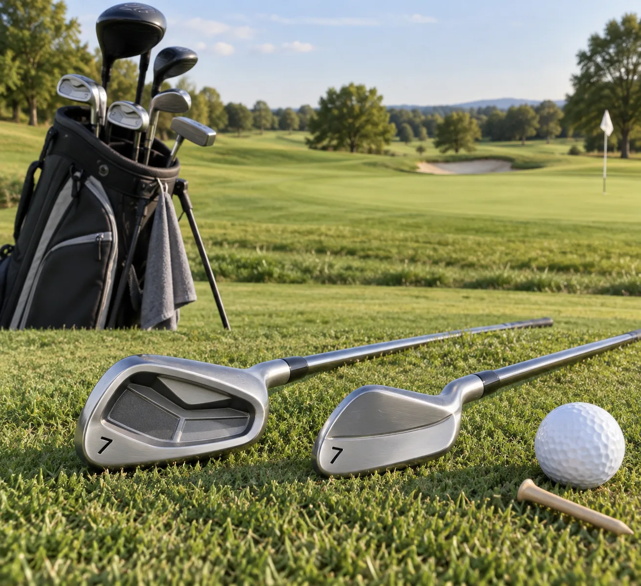 Two golf sticks types—cavity-back and players-style 7-irons—rest beside a ball and tee, with a beginner’s golf bag on the course.