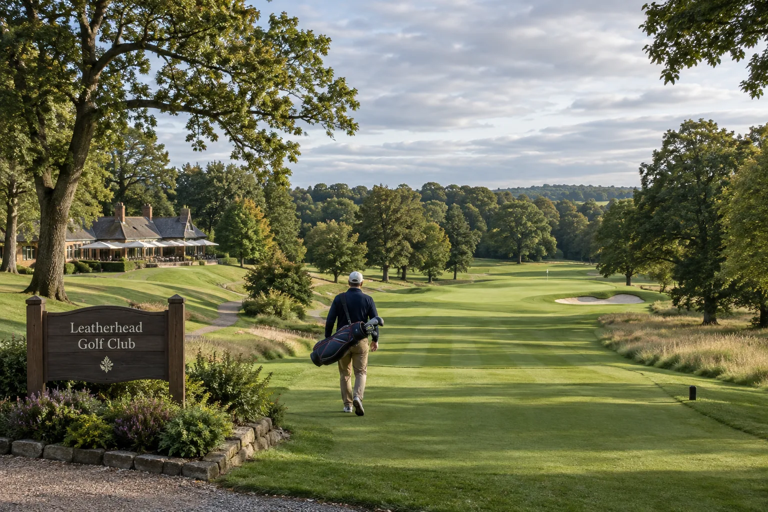 A golfer walks onto the striped fairway at leatherhead golf club, surrounded by mature oaks and rolling green parkland.
