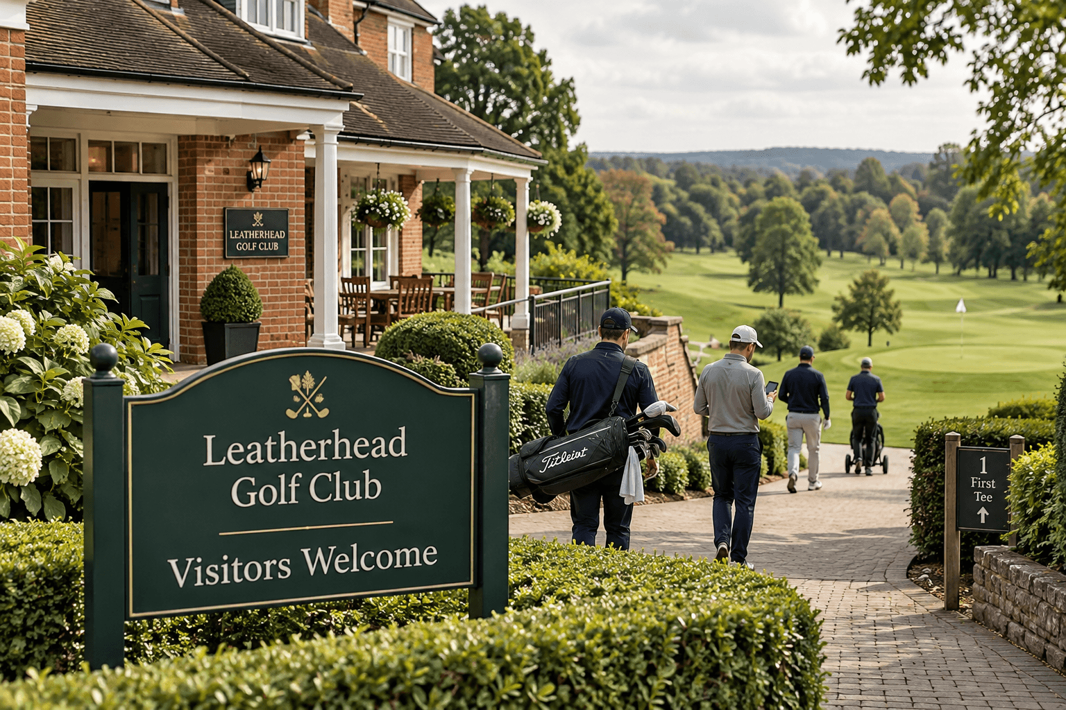 Leatherhead Golf Club entrance with visitor sign, golfers heading to the first tee, and rolling greens beyond the clubhouse.