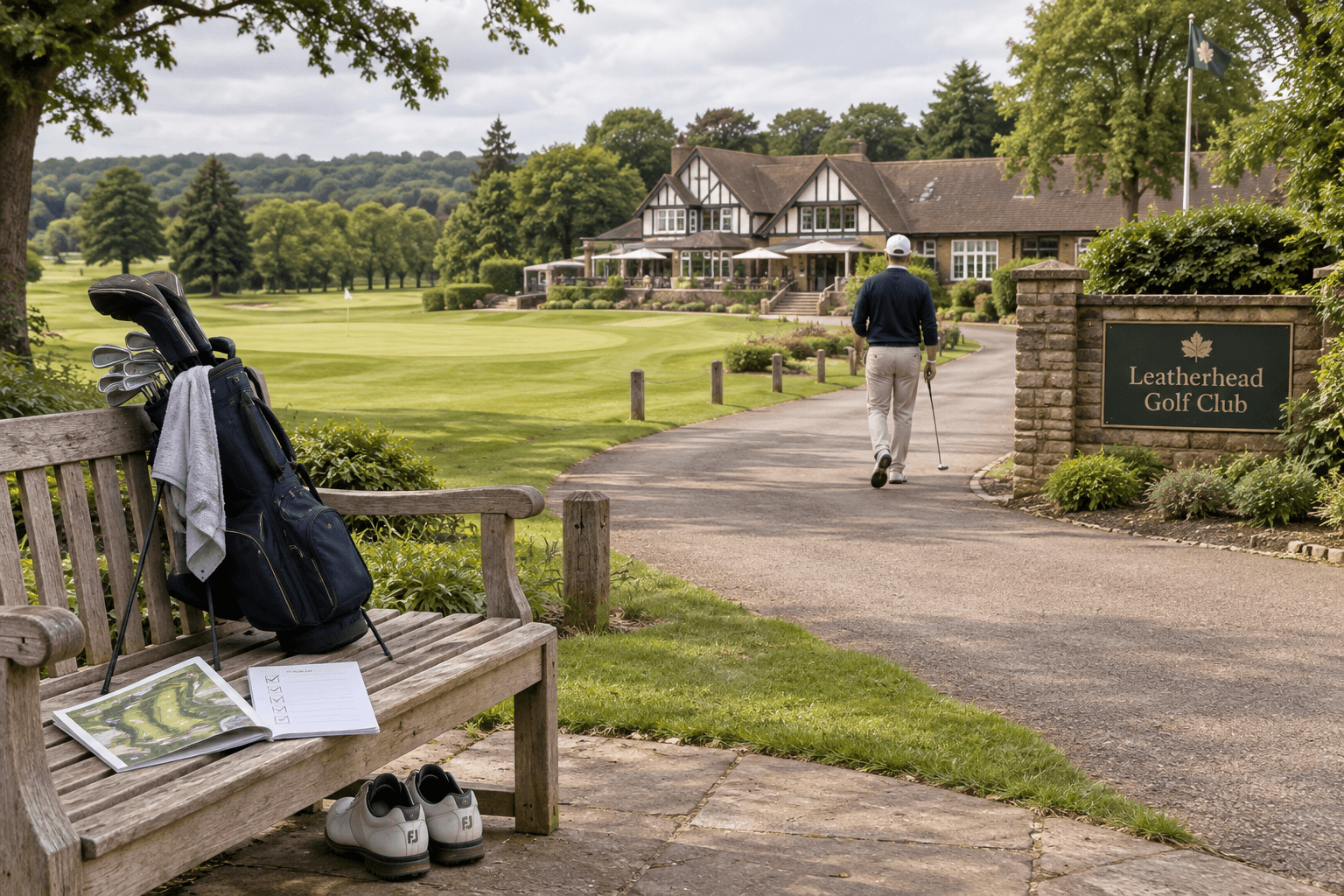 Leatherhead golf club entrance beyond a fairway, with a visitor’s golf bag, course map, and shoes on a bench.
