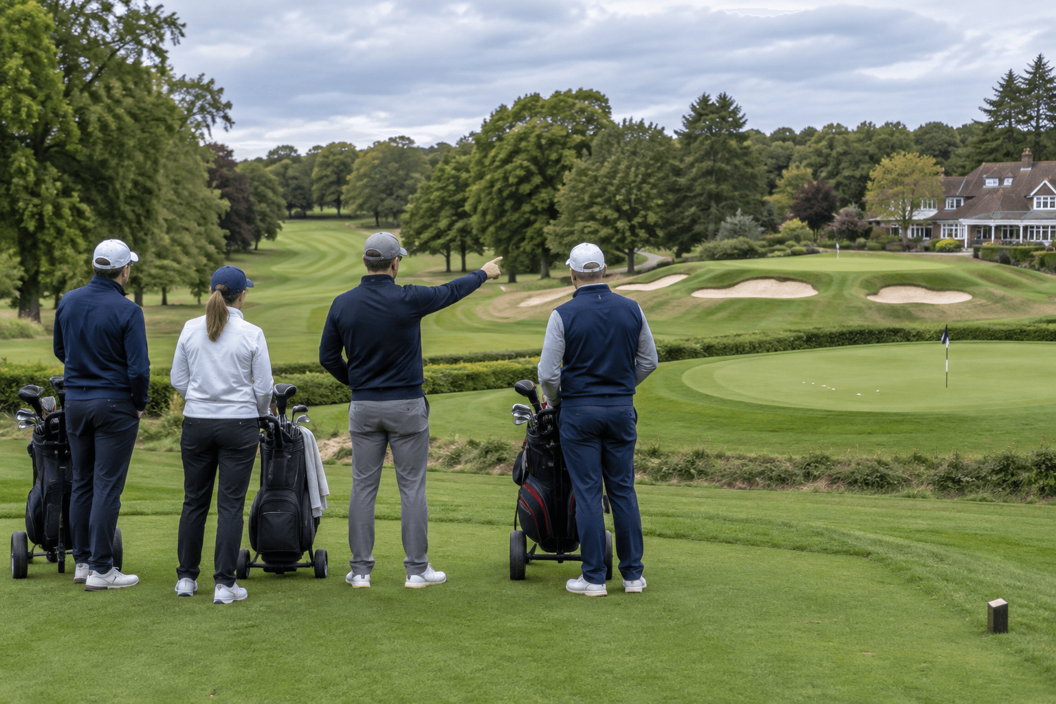 Golfers at leatherhead golf club gesture toward a putting green and bunkers, with rolling fairways, mature trees, and clubhouse beyond.