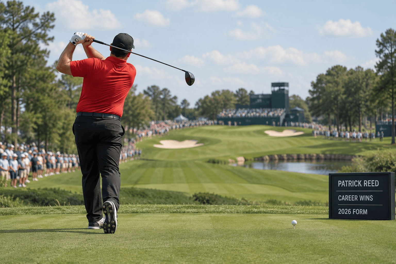 Pro Golfer Patrick Reed: Career, Wins, and 2026 Form 3 Pro golfer Patrick Reed in a red shirt holds his finish on a championship course, with a tee-side scoreboard and gallery beyond.