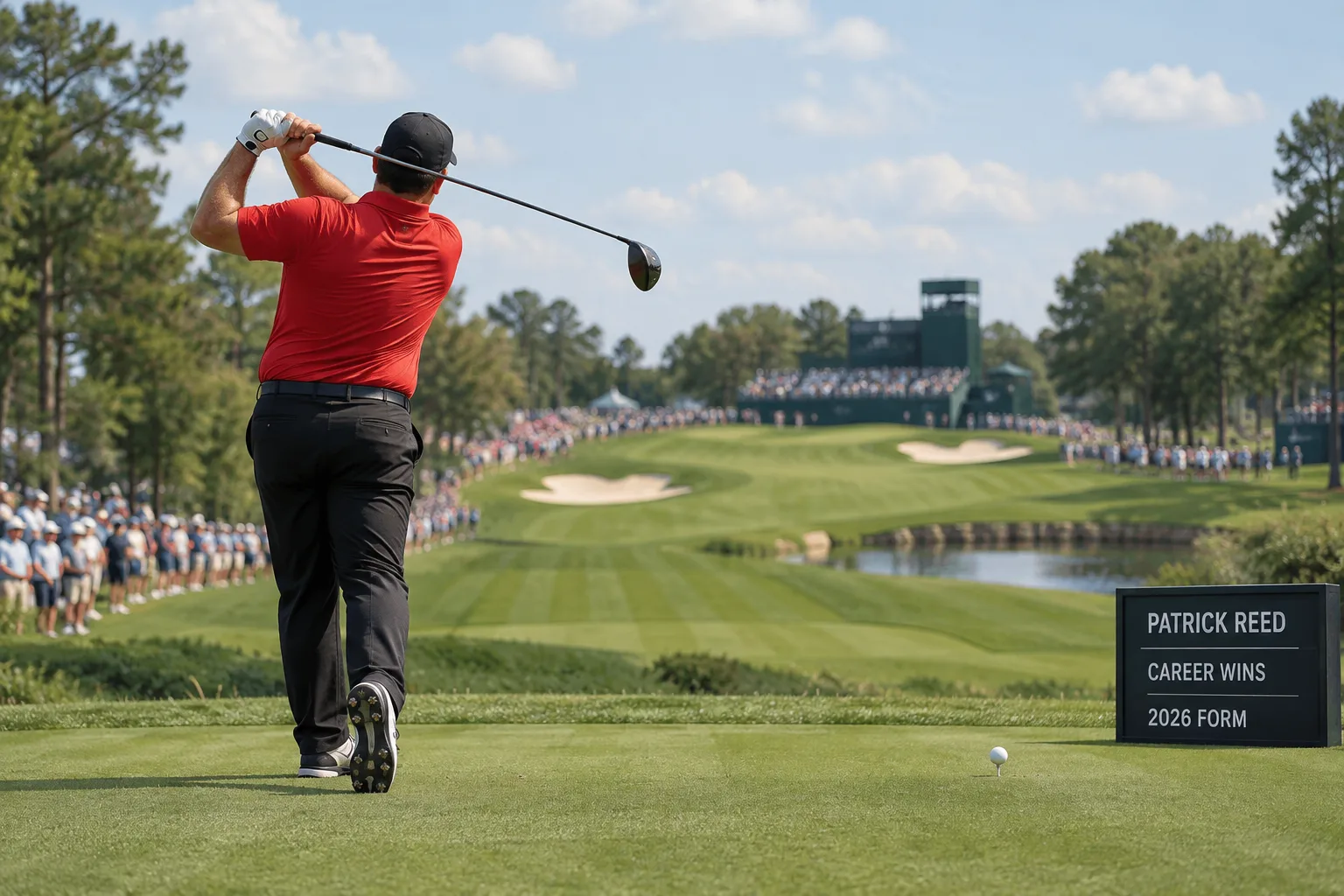 Pro Golfer Patrick Reed: Career, Wins, and 2026 Form 1 Pro golfer Patrick Reed in a red shirt holds his finish on a championship course, with a tee-side scoreboard and gallery beyond.