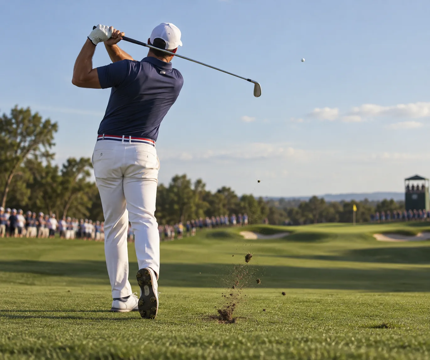 Pro golfer Patrick Reed finishes a powerful iron shot, club over his shoulders as a divot flies and the ball arcs skyward.