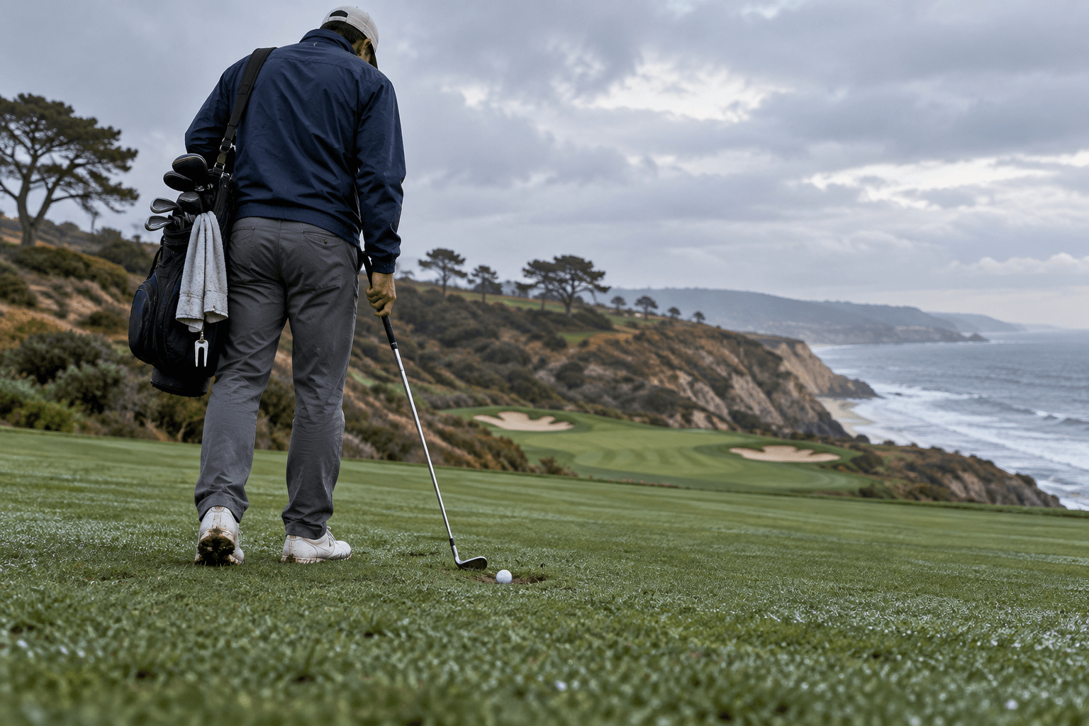 pro golfer patrick reed studies a plugged ball on Torrey Pines’ damp fairway, with coastal bluffs and the Pacific beyond.