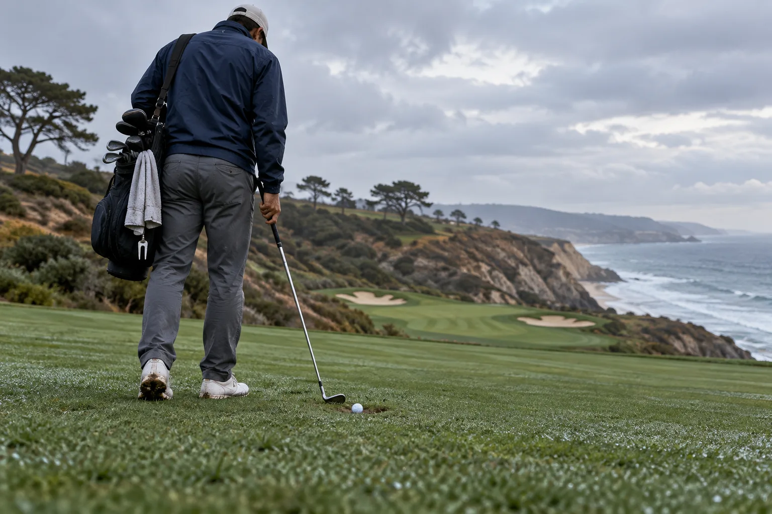 pro golfer patrick reed studies a plugged ball on Torrey Pines’ damp fairway, with coastal bluffs and the Pacific beyond.