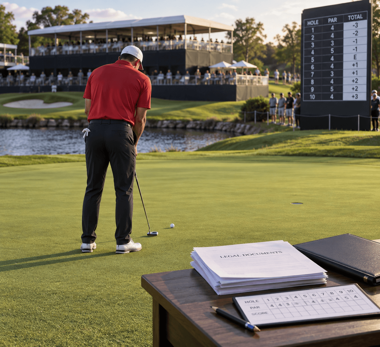 Pro golfer Patrick Reed studies a putt on a tournament green, with a scorecard and legal papers on a nearby table.