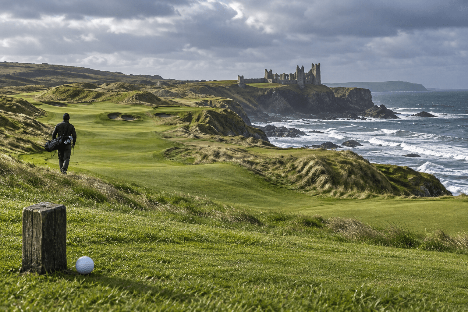 Royal Portrush: Course Guide, History, and Visitor Tips 2 A golfer crosses Royal Portrushu2019s windswept links toward Dunluce Castle, above the rugged Atlantic coast.