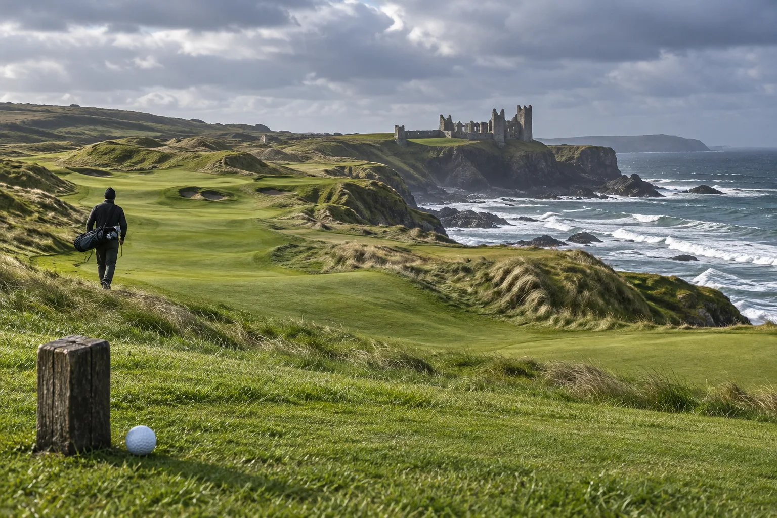 Royal Portrush: Course Guide, History, and Visitor Tips 2 A golfer crosses Royal Portrushu2019s windswept links toward Dunluce Castle, above the rugged Atlantic coast.