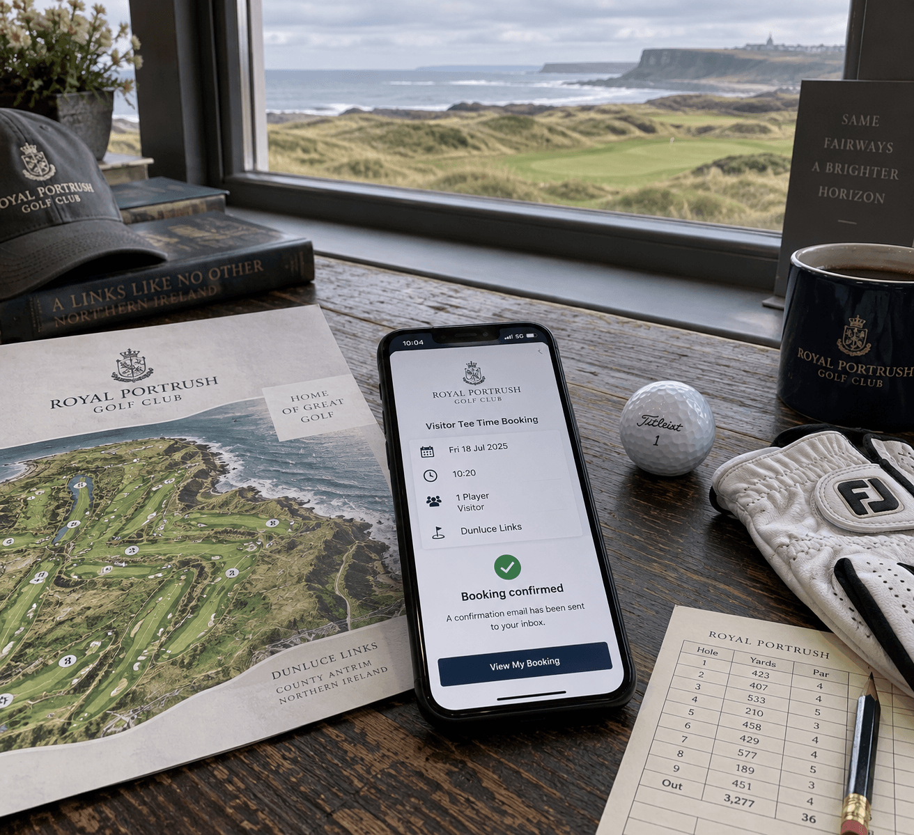 Royal Portrush tee time booking confirmed on a phone beside a course map, scorecard, golf ball, and glove overlooking coastal links.