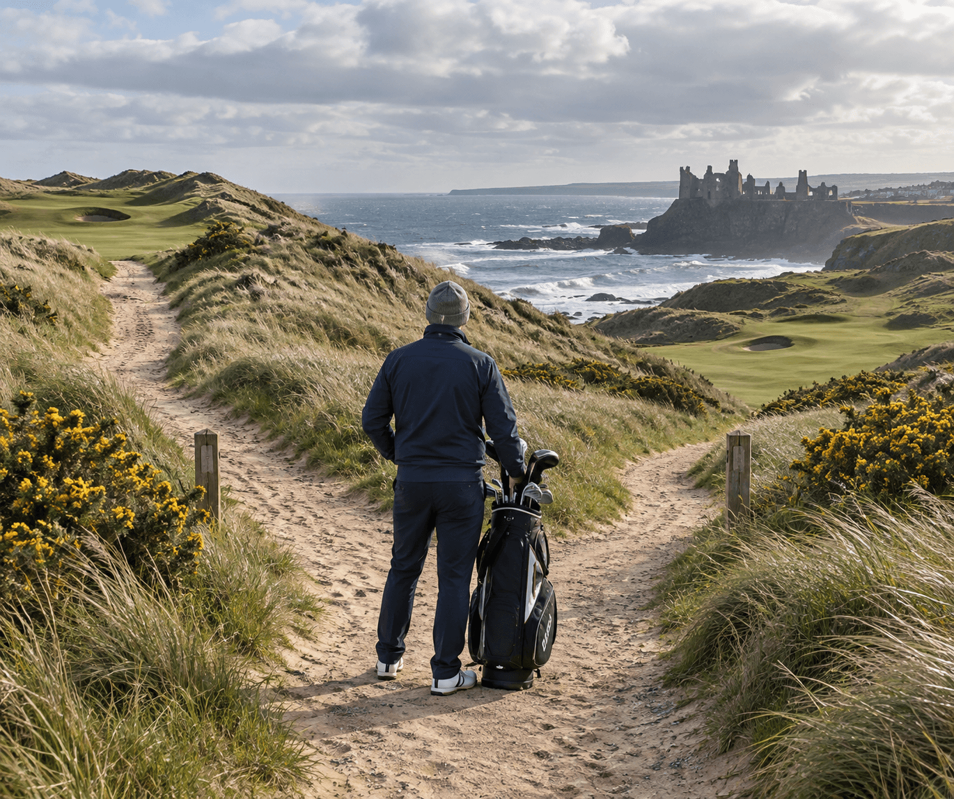 Golfer with a bag pauses at a fork between links fairways at royal portrush, with Dunluce Castle and the Atlantic beyond the dunes.