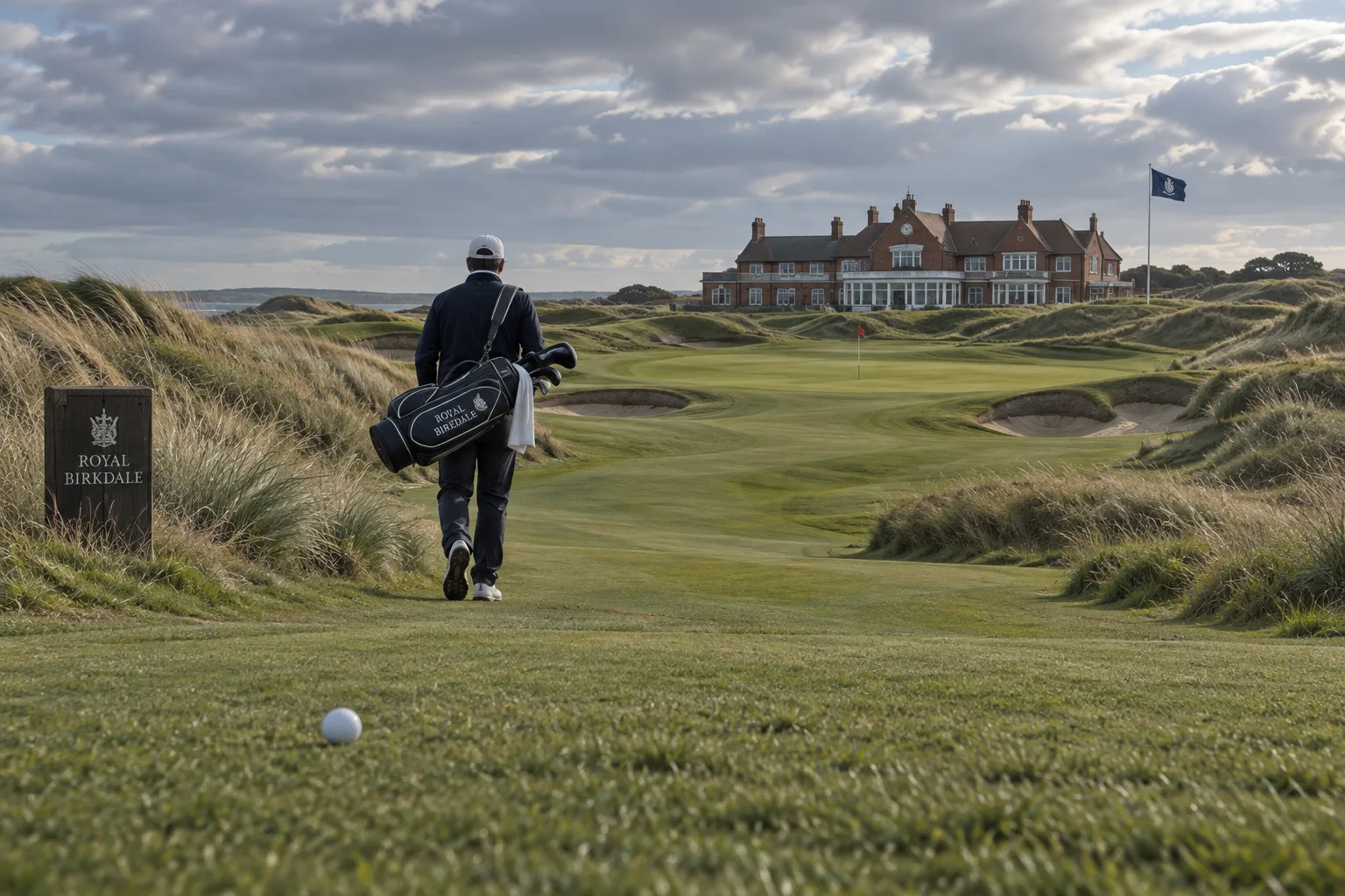 Golfer walks across a links fairway toward Royal Birkdale’s red-brick clubhouse, with dunes, bunkers, a flagstick, and ball nearby.