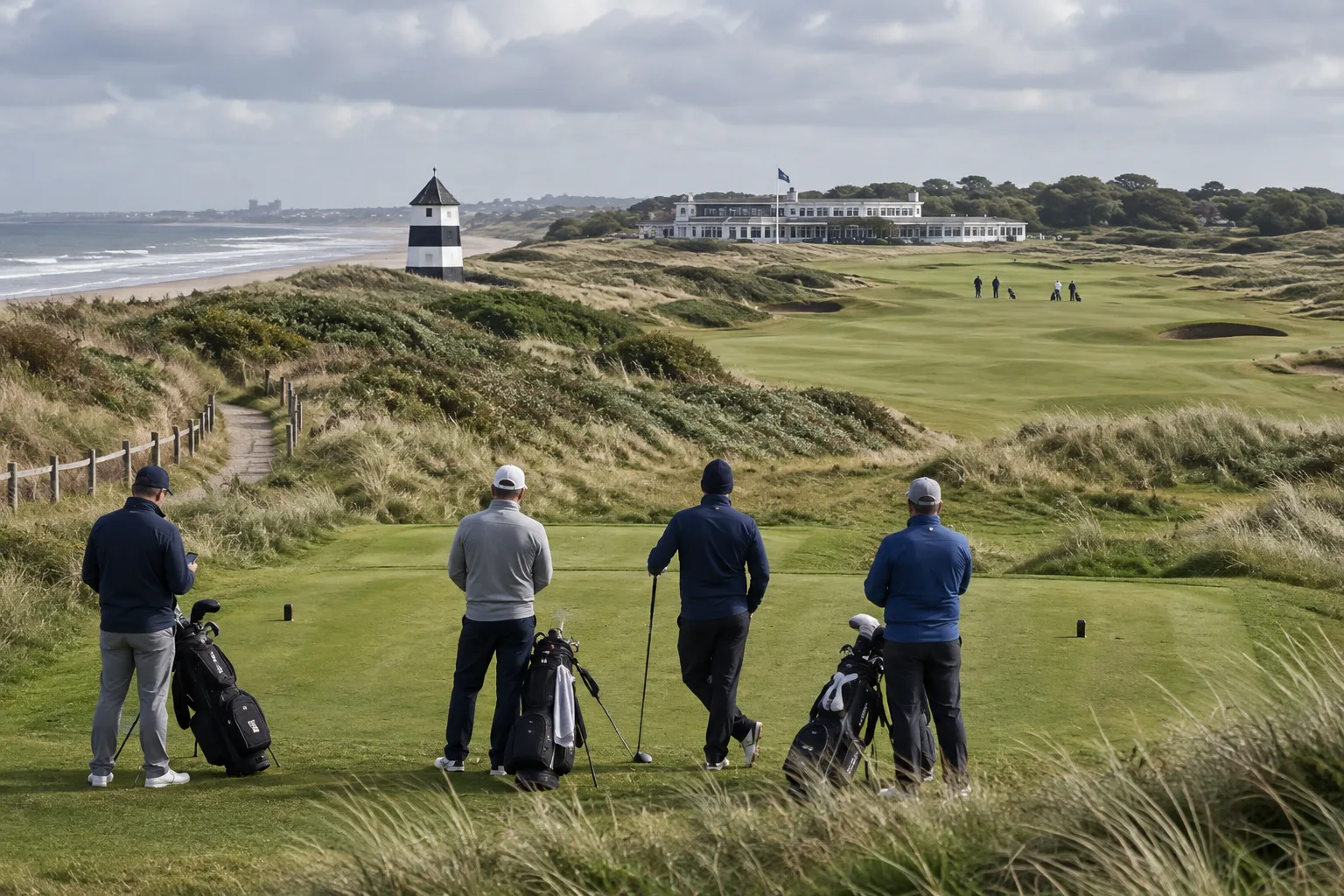 Golfers pause at Royal Birkdale’s first tee beside striped starter’s hut, with dunes, fairway, and clubhouse beyond.