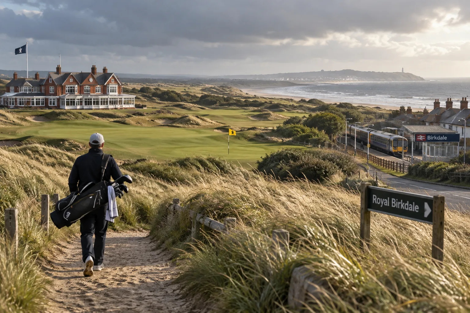 A golfer walks through windswept dunes toward Royal Birkdale’s clubhouse, with the links course and sea beyond.