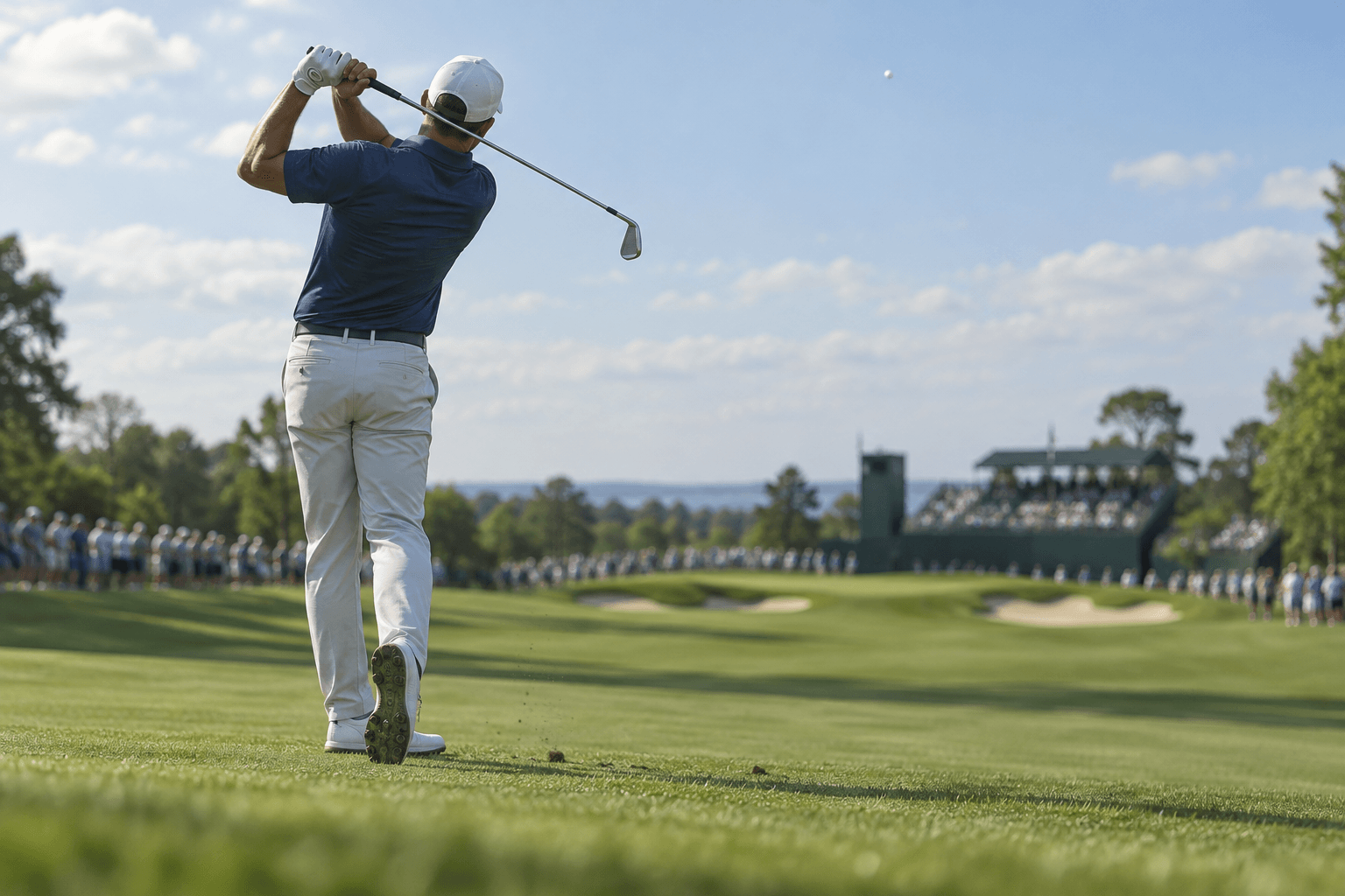 jason day golfer viewed from behind in follow-through as a white ball rises over the green tournament course.